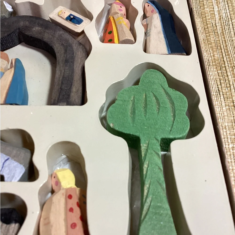Hand-Painted and Carved Wooden Nativity Set - Multicolor